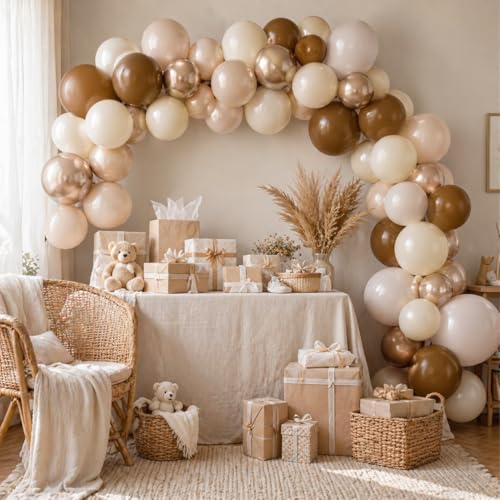 Image of Neutral Brown Balloons, 12 Inch Brown Gold Sand White Cream Beige Ivory Helium Balloons with Metallic Champagne Gold Balloon for Boho Neutral Bridal Baby Shower Rodeo Birthday Wedding Thanksgiving