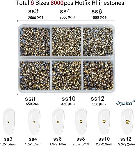 Image of Bymitel Hotfix Crystal Rhinestones Round Gems for Crafts,Mixed 6 Sizes with Wax Pencil Kit, Aurum1.3-3.2mm(SS3-SS12 /8000pcs)