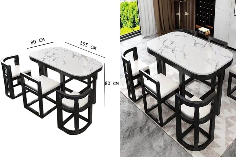 Image of Space Saving Modern Marble Design Dining Table Set with Light Weight 6 Chairs, Black Wood Frame, Cushioned Seats, 155 x 80 x 80 cm