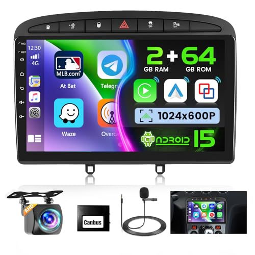 Ohradio 2G+64G Android 15 Radio Coche para Peugeot 308 408 2007 2008 2009 2010 2011 2012-2015, Carplay Android Auto inalámbrico, 9' Pantalla Táctil 2 DIN con WiFi GPS FM/RDS BT SWC+Cámara Trasera+Mic
