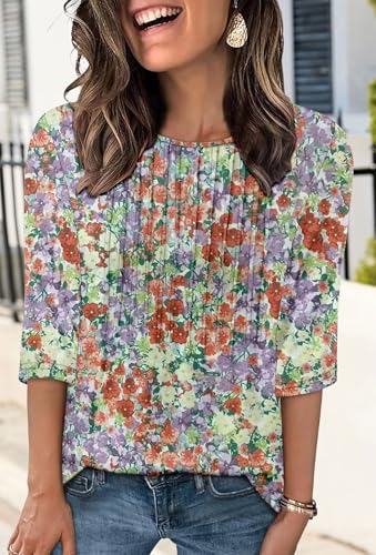 KISSMODA Tunic Tops for Women Loose Fit Dressy Round Neck Pleated 3/4 Length Sleeve Spring Tops