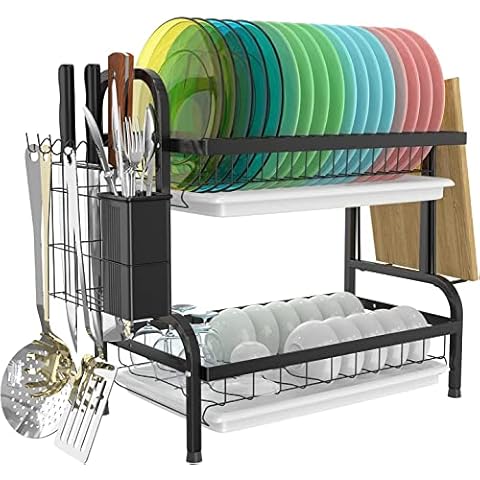 Astoryou Dish Drying Rack, 2 Tier Black Stainless Steel Dish Rack with Drip Tray, Rust Proof Dish Drainer Draining Board with Utensil Holder & Cutting Board Holder for Kitchen Countertop Cover