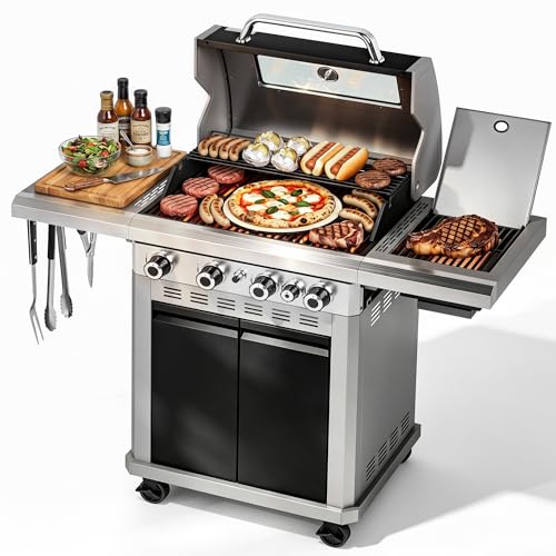 MFSTUDIO 4 Burner Gas Grill with Infrared Side Burner & Full View Window