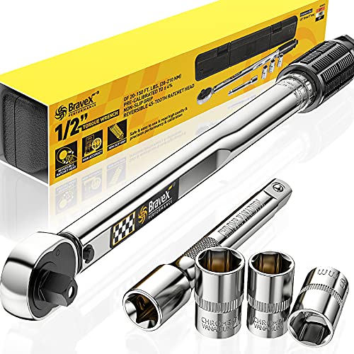 1/2 " Clé dynamométrique 28 ~ 210 Nm, clé à cliquet Premium avec barre d'extension 1/2" 12,7 cm et douilles 17 mm, 19 mm et 21 mm, cliquet réversible et poignée antidérapante pour vélos, voiture, moto Cover
