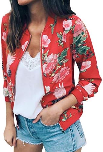 iYBUIA Autumn Womens Ladies Retro Print Floral Zipper Up Bomber Jacket Casual Coat Outwear( Red,L)
