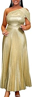 Women's Gold Luxury Metallic Pleated Long Dress One Shoulder Sleeveless ...