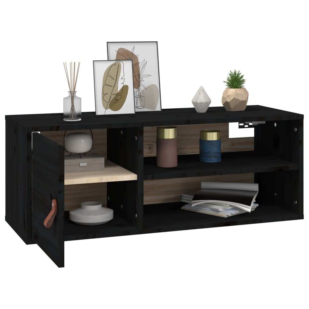 Générique Armadio da parete nero, 80 x 30 x 30 cm, in legno di pino massiccio, mensola da parete con 4 scomparti e 1 anta per riporre libri, riviste e DVD