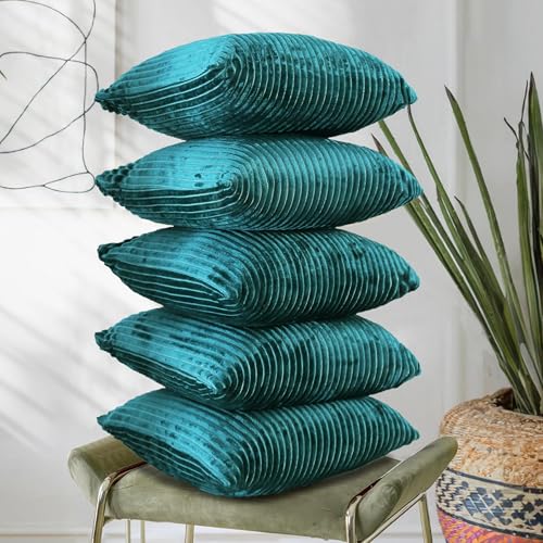 Image of RD TREND Cushion Cover Set of 5, Decorative Sofa Living Room Home Square Cushion Covers 24 Inch x 24 Inch, Aesthetic Corduroy Striped Double Sided (Green,Pack of 5)