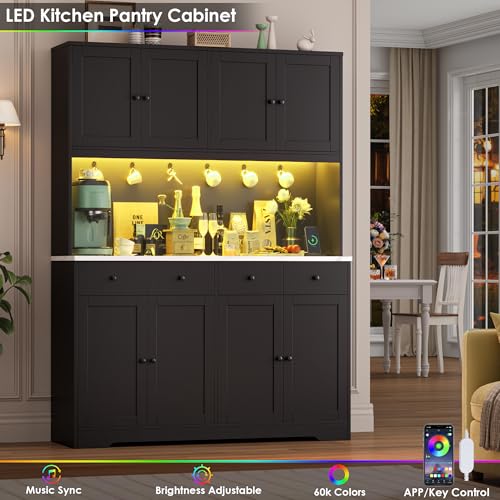 Image of HIFIT 72 inch LED Kitchen Pantry Cabinet with Power Outlet & Cup Hook, Tall Kitchen Hutch Storage Cabinets w /Marble-Patterned Countertop Microwave Stand, Food Pantry w /Door for Dining Living Room, Black