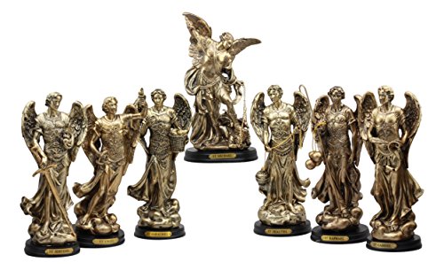 Ebros Byzantine Catholic Church Archangel Saint Michael Gabriel Barachiel Sealtiel Jehudiel Uriel Raphael Statues Set of 7 Angelic Council Decorative Figurines With Brass Name Plate Wooden Bases