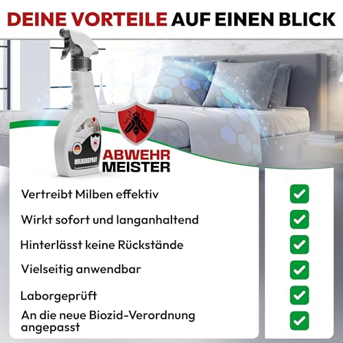 ABWEHR MEISTER Milbenspray für Matratzen & Polster 500 ml, effektives Abwehrmittel gegen Hausstaubmilben, giftfrei, laborgeprüft, Made in Germany (PT19)