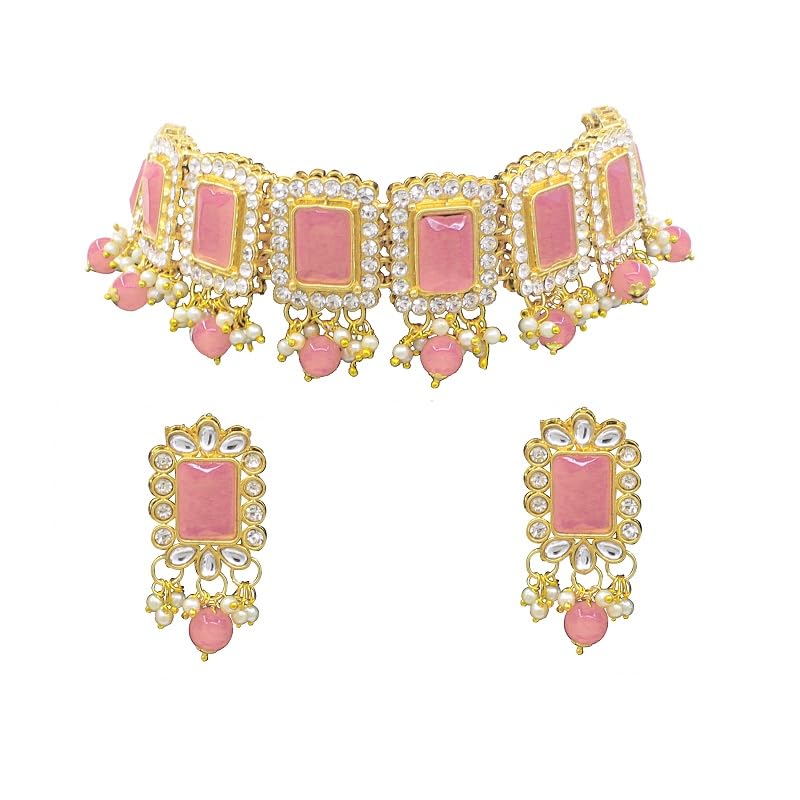 SAIYONI Glamorous Design Gold Plated Peach Color Stone & Beads Kundan Patti choker necklace With Earring Jewellery set For Womens (B09NSYNHBC) Amazon Price History, Amazon Price Tracker