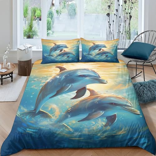 CKSEKD Dolphins Duvet Cover Bedding Set 3 Pcs Set Marine Animals Quilt Cover Microfiber Polyester Comforter Cover with Zipper Closure Pillowcase Twin（173x218cm）
