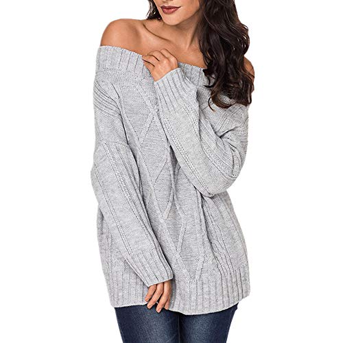 Exlura Women's Sexy Off Shoulder Long Sleeve Loose Cable Knit Pullover Sweater Grey