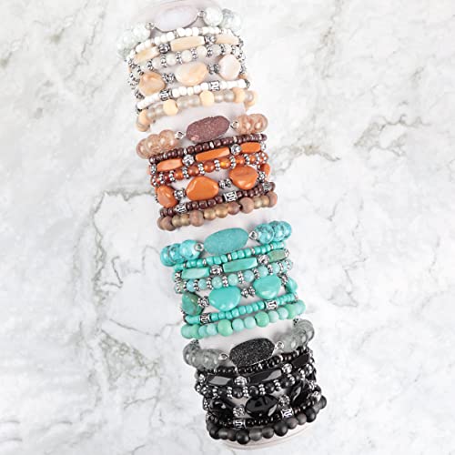 Bohemian Acrylic Druzy Multi-Layer Bead Statement Bracelet - Versatile Faux Stone Pendant Stretch Strand Stackable Cuff Bangle Set Sparkly Crystal (Druzy Antique Mix Bracelet Set - Ivory) #TOP1