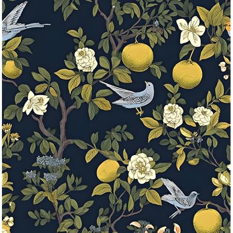Laatse Birds Wallpaper Peel and Stick, Floral Contact Paper, Trees Friuts Flowers Wall Mural Removable Self Adhesive Waterproof for Room Shelves Cabinet Drawer Table 17.5" x 118"(Blue, Yellow, Green) Cover