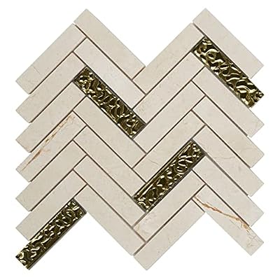 Modket Herringbone Crema Marfil Marble Stone with Gold Glass Insert Mosaic Tile Mesh Mounted Backsplash TDH158MO (5 Sheets)