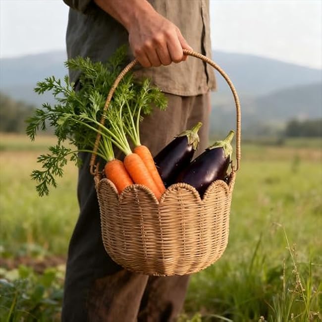 Scalloped Edge Round Basket with Handle, Super Sturdy Wicker Storage Baskets, Hand Woven Basket for Shelves,Natural Baskets for Organizing (Brown Rattan, 10.2*10.2*7.3)