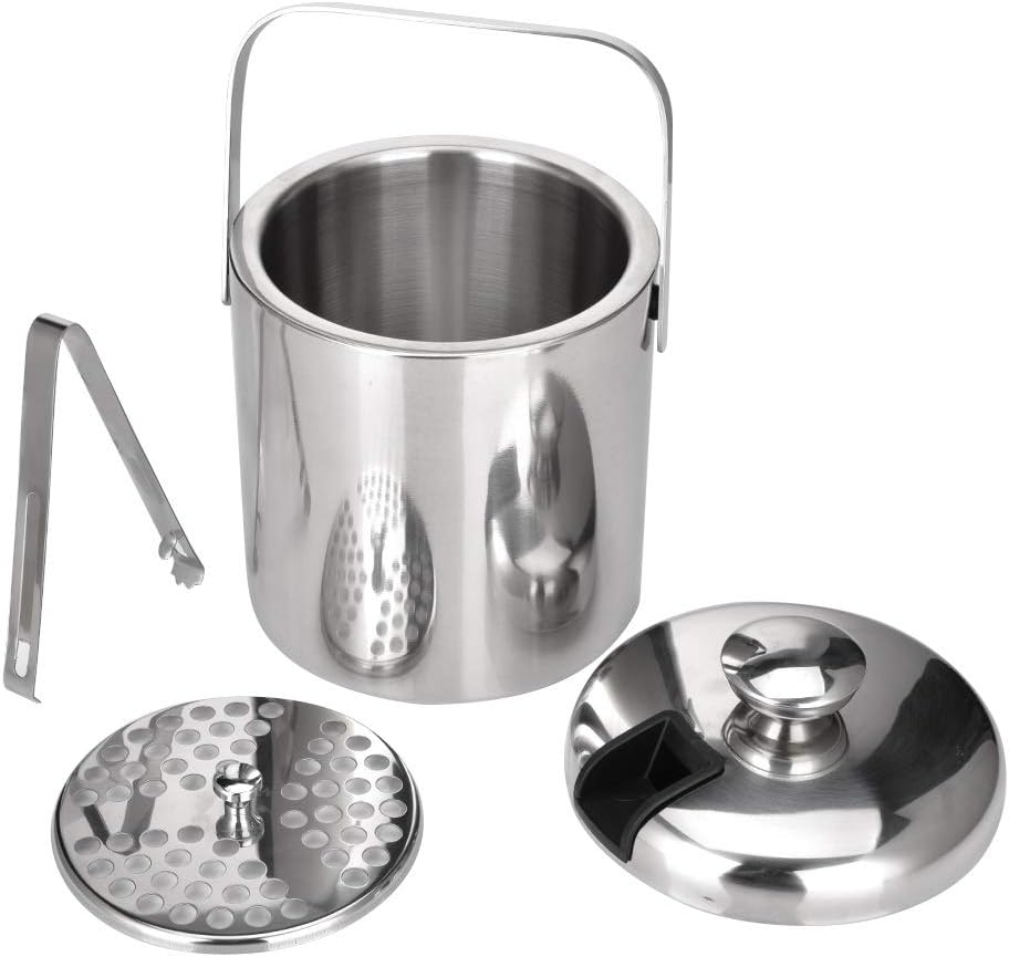 1.3L Walled Ice Bucket Stainless Steel Container with Ice Tong Clip Lid for Storage and Bar Cooler