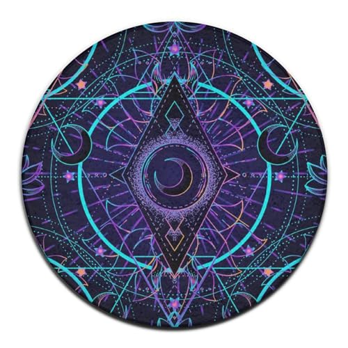 Modern Soft Area Rug Sacred Geometry Symbols Sun Moon Trippy Purpl Mat Circle Rug, Anti Slip Comfort Flooring, Salon Office Living Room Bedroom, Diameter 60inch