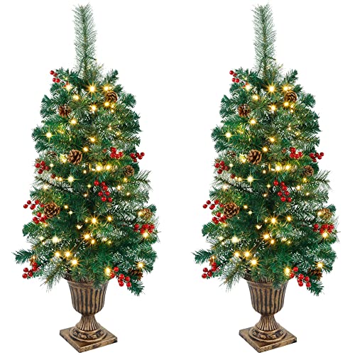 Juegoal 2 Pack Christmas Tree, 3 FT Pre-Lit Artificial Crestwood Spruce Entrance Trees in Gold Urn Base with 100 LEDs Lights, Pine Cones, Red Berries for Front Door, Porch, Entryway Xmas Decorations