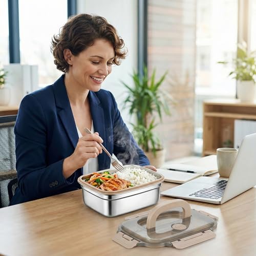 Image of Stainless Steel Lunch Box Leakproof Airtight with Handle, Food Grade Durable Tiffin Box for Office School Travel, Microwave & Dishwasher Safe, 1500ML, Silver /Beige