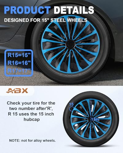 Image of ABX Hubcap Wheel Covers Hub Caps 15 Inch Set of 4 Black & Blue Universal Wheel Rim Cover R15 Stylish Car Decor Wheel Covers for Toyota Camry Nissan Mazda (TT Black & Blue, 15 inch)