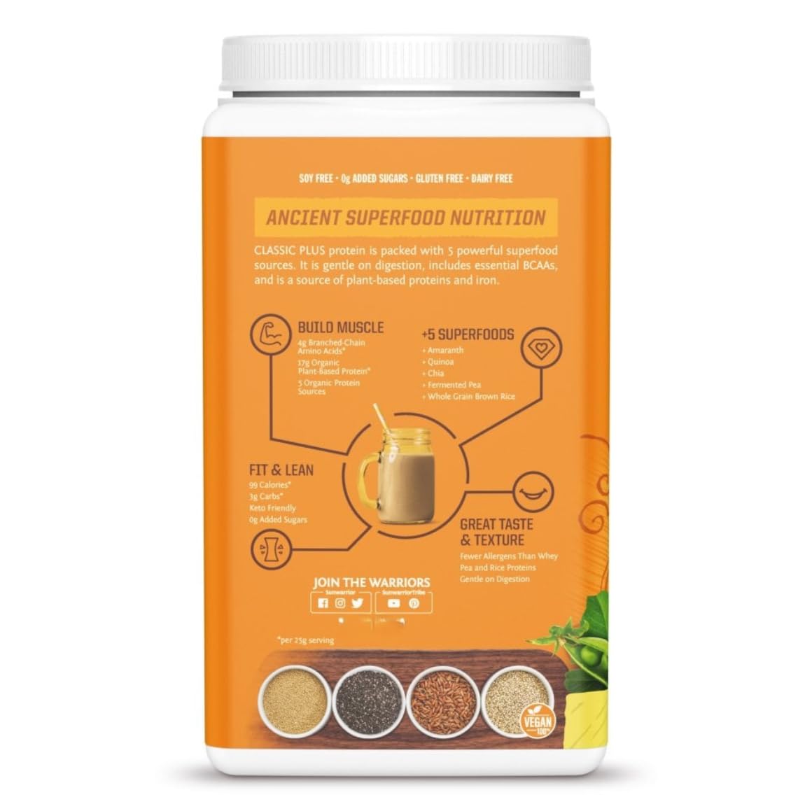 Sunwariior Classic Plus Proteine aromatizzate alla vaniglia biologica senza glutine, senza latticini, 750 g in polvere