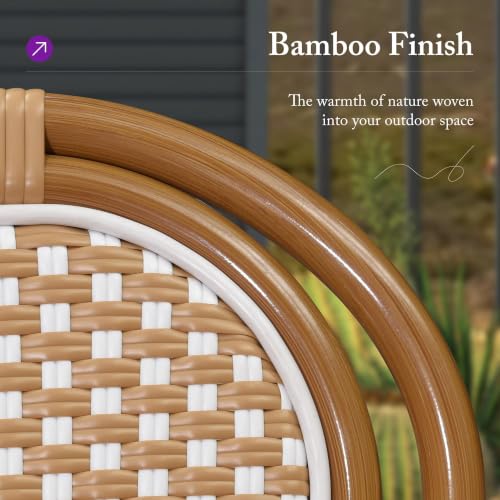 Image of PURPLE LEAF Patio Dining Chair Set of 1 Outdoor French Aluminium Frame in Bamboo Finish with Amber & White Woven Rattan for Indoor Kitchen Deck Bistros Cafe Restaurant