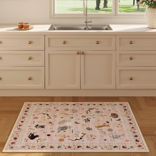 Door Mat Indoor Entrance 2x3 Rug Machine Washable Boho Floral Animal Cat Small Area Rug Non-Slip Low Pile Throw Rugs for Entryway Kitchen Front Door Indoor Entrance Entry Kids Room, Pink