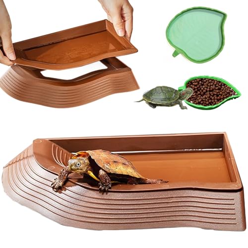 3PCS Tortoise Water Bowl With Ramp - Leaf Food and Water Dish, Turtle Pool, Reptile Bathing Pool, Soaking Dish - Aquarium Habitat Accessories Large