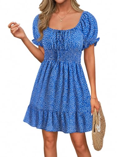 Image of Womens Babydoll Mini Dress Casual Square Neck Short Sleeve Summer Dresses | Empire Waist, Smocked, Flowy, Short Beach Dress, Vacation, Floral, Boho