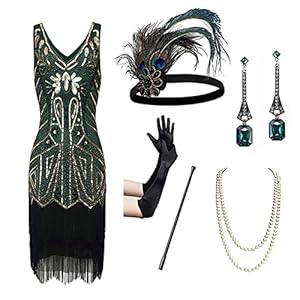 Tuklye Vrouwen 1920 Vintage Flapper Fringe Kralen Gatsby Party Dress Met 20S Accessoires Set Pailletten Lange Tule Mermaid Avond Jurk,Groen,S
