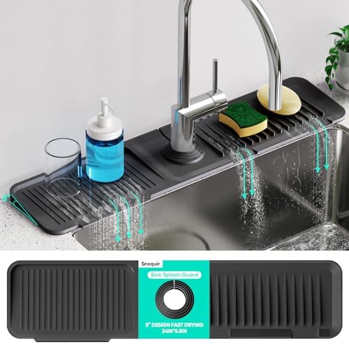 24 Inch Longer Faucet Mat for Kitchen Sink [5°Slope Fast Self-draining]Bathroom Kitchen Sink Splash Guard Silicone Sink Faucet Mat Splash Guard Kitchen Sink Area Tidy Splash Faucet Guard Draining Mat