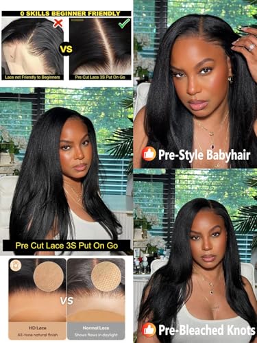 Image of Sunber Yaki Straight Human Hair Wig with Drawstring Bye Bye Knots Pre Cut 7x5 Lace Front Glueless Yaki Wig 180% Density Upgrade 3D Cap Put On Go Pre Plucked with Baby Hair Pre Bleached Knots 22Inch