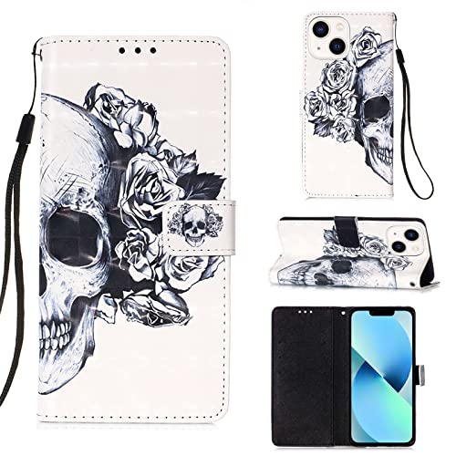 Asdsinfor Case for iPhone 15 Plus 6.7'', 3D Wallet Case PU Leather with[Card Holder][Kickstand][Wrist Strap][Magnetic Closure] Shockproof Flip Cover for iPhone 15 Plus Rose Skull YB-3D