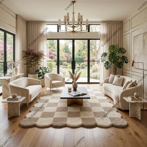 Image of Tauhid Carpet Handwoven Shaggy Rug, Super Soft Microfiber Checkered Carpet for Living Room, Bedroom & Hall Beige Cream 2x5 Feet Runner.