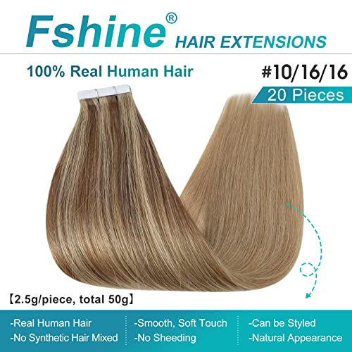 Fshine Real Human Hair Tape in Extensions,16 Inch 20 pcs 50 g,Straight Natural Look Double Sided Tape,Color 10 16 16 Light Blonde to Ash Blonde,Perfect for Thin Hair Daily Wear - Image 2