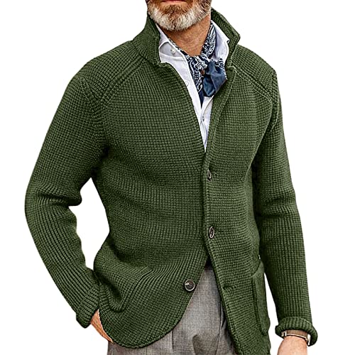 yoeasy Men Stand Collar Chunky Button Down Cardigan Sweater Long Sleeve Slim Fit Ribbed Knitted Sweater with Pockets