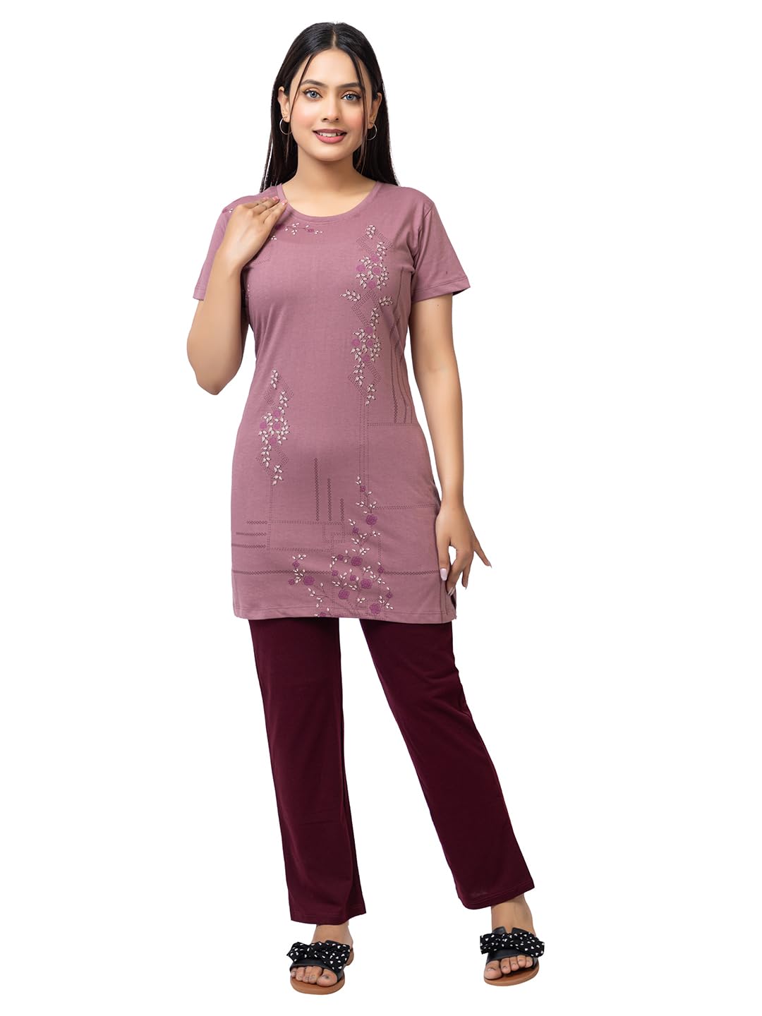 Summer Wear Everyday Wear Casual Wear Nightwear Wear Self Design Half Sleeve Round Neck Pure Cotton Women Night Suit (330 Beige)