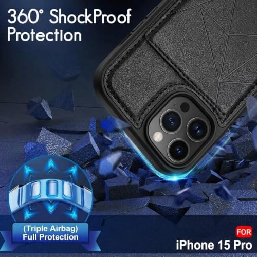 Image of amazon basics Premium Vegan Leather Back Cover with Card Holder and Integrated Mobile Stand for iPhone 15 Pro - Slim Shockproof Wallet Case with Geometric Stitching [Black]