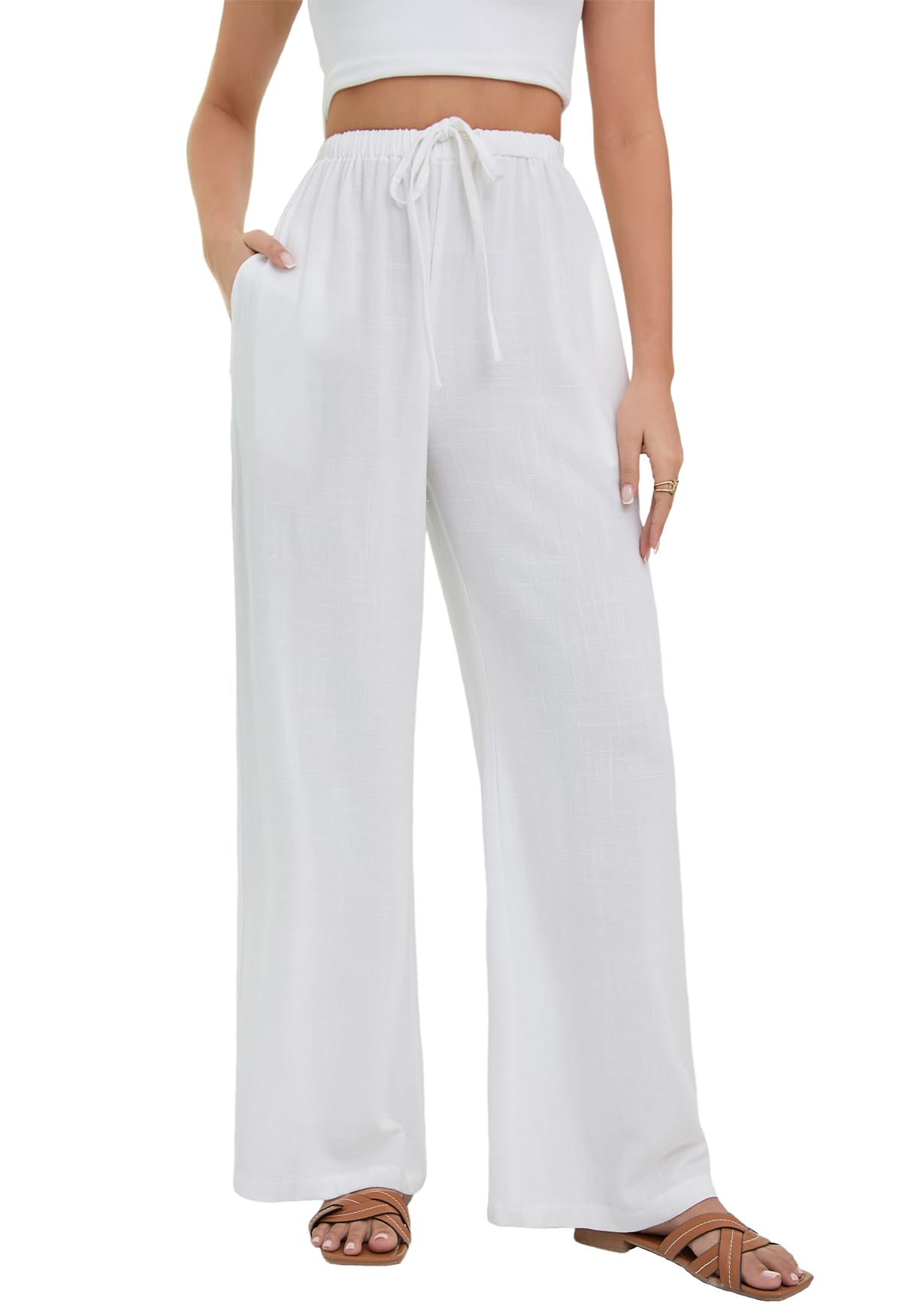 Stamian Pantalones Lino Mujer Verano Casual Anchos Playa Algodón Cintura Elástica Bolsillos