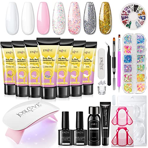 JOSLOVE Poly Nail Gel Kit for Nail, 7 Colors Nail Extensions Gel Clear White Pink Glitter Series Nail Enhancement Gel with Mini Nail Lamp All in One Kit for Nails Art