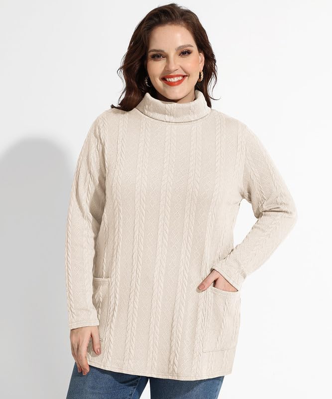 CARCOS Plus Size Sweaters for Women Turtleneck Cable Knit Sweater Long Sleeve Pullover Tops Casual Solid Shirts with Pockets2