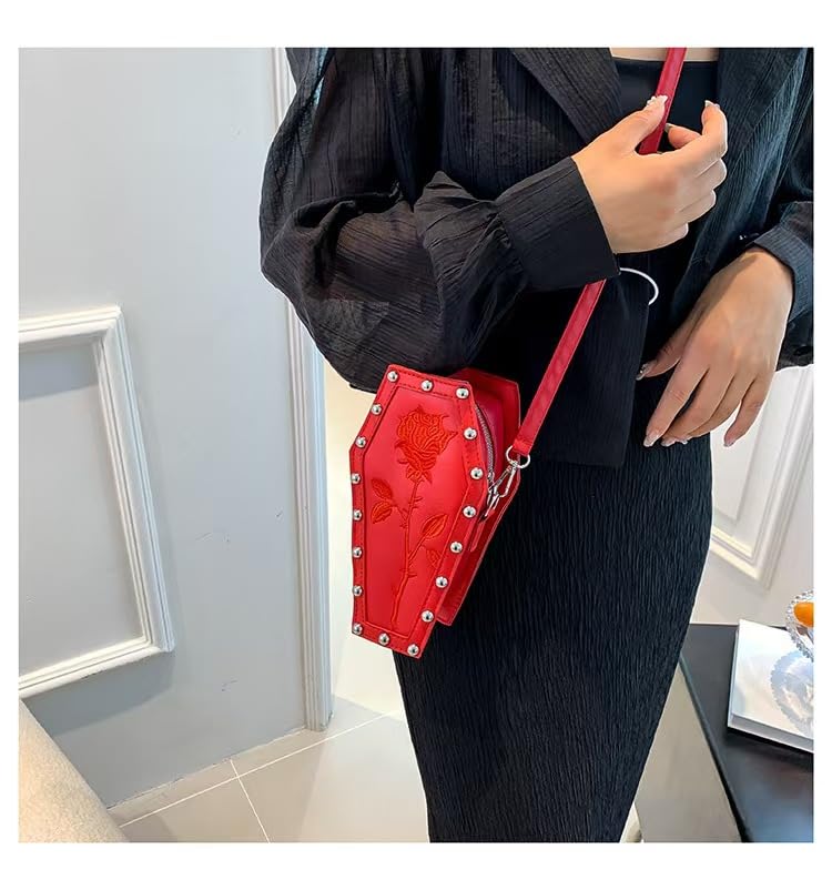 Womens Novelty Coffin Shape Shoulder Bag Halloween Vintage Gothic Embroidery Rose Crossbody Bag Alt Emo Small Purse (Red)3