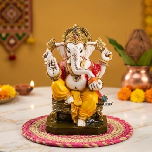 Image of Marble Lord Ganesha Idol on Singhasan - 7 Inch Multicolor Glossy Ganpati Murti for Home Pooja Room, Decorative Showpiece & Gift (13x10x18 cm)