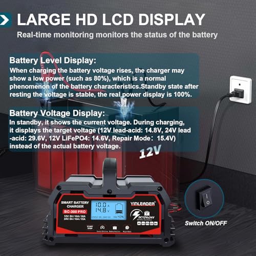 Battery Charger 30A, 12V/24V Lead Acid Smart Battery Charger, 12V LiFePO4 Car Battery Trickle Charger, Automatic Battery Maintainer for Car Motorcycle Lawn Mower Marine Boat Lead Acid Batteries