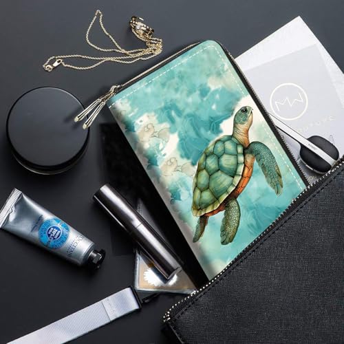 Sea Turtle Print Women Large Capacity Wallet PU Leather Double Zipper Clutch Purse for Smart Phone/Card/Coin/Cash 5