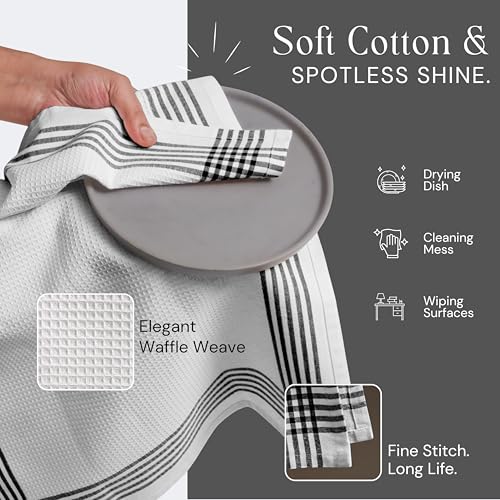 Image of Waffle White & Black 4 Pack Kitchen Dish Towels, 100% Cotton, 16x26 inches, Wash Rags for Drying Dishes, Highly Absorbent, Long Lasting Hand Towels Set for Daily Cooking & Cleaning