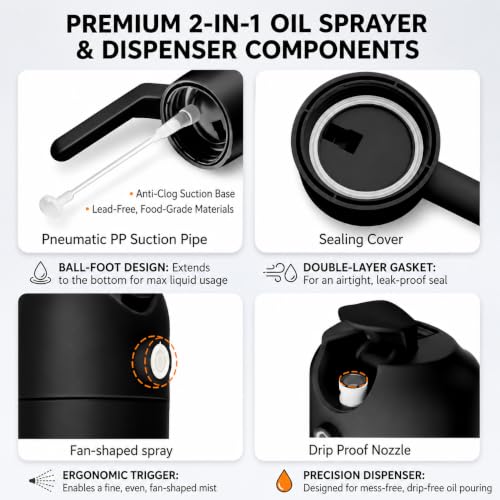 Image of Glass Oil Dispenser Bottle for Kitchen - 2 in 1 Pour & Spray Sprayer with Measuring Marking, Leakproof Container, 500ml /0.5 Liter Cooking Oil Storage Jar, Pack of 1